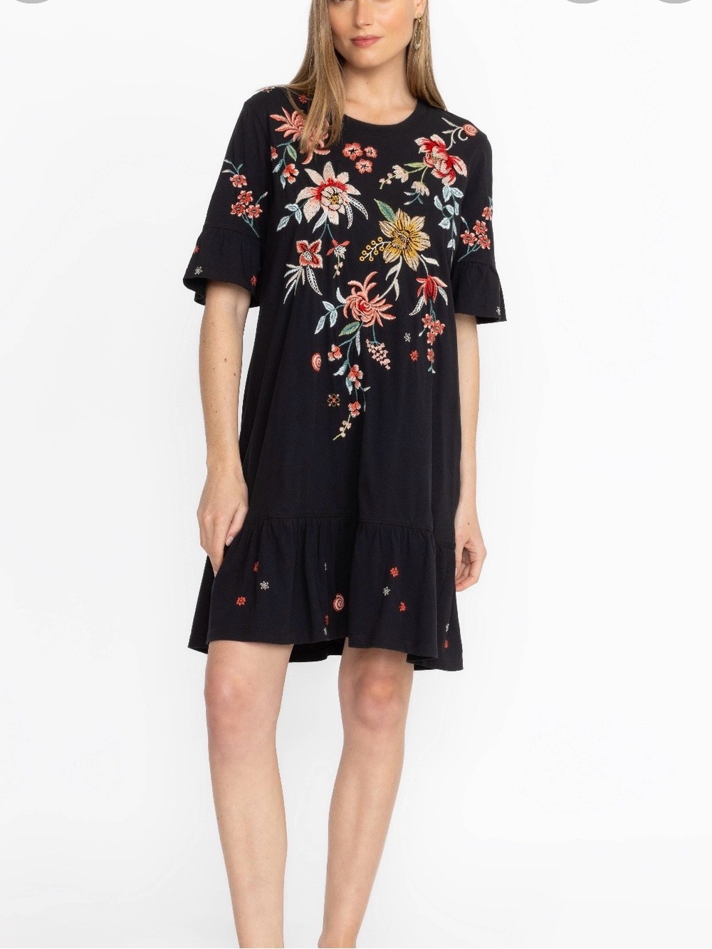 Johnny Was Black Floral Embroidered Mini Dress